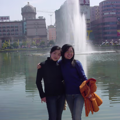 Wuhu-Mar-05-01 Ting & Hanhan in front of 'Mirror Lake'