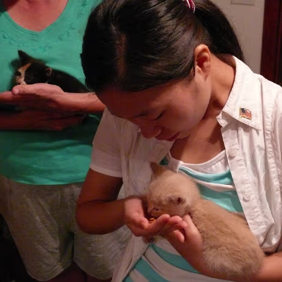 USA_Move-013 Hanhan is feeding one of Sharon's kittens.